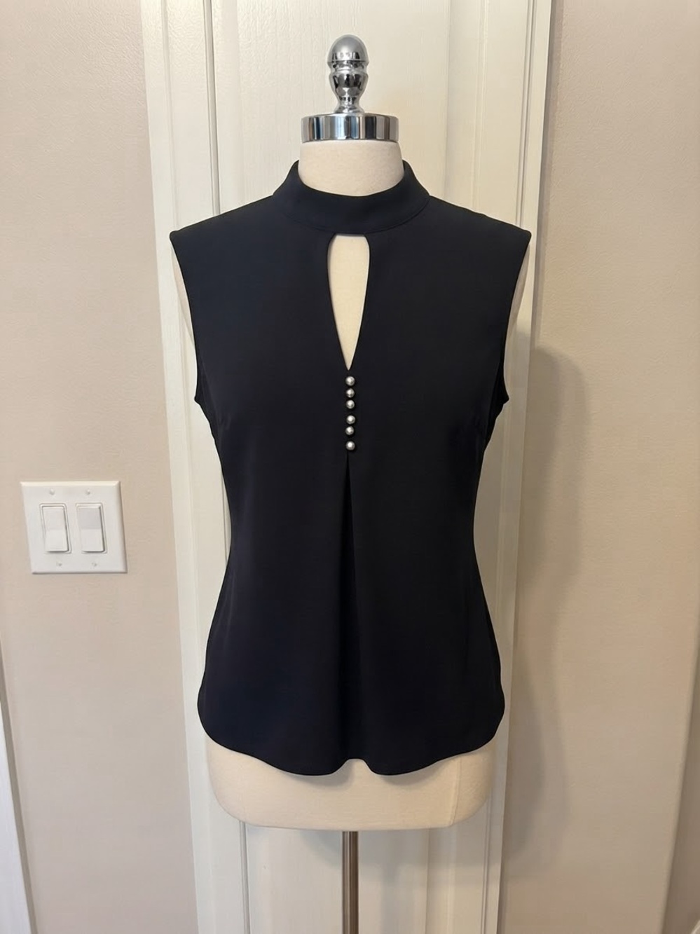 Calvin Klein Navy Blue Sleeveless Mock-Neck Top with Buttons